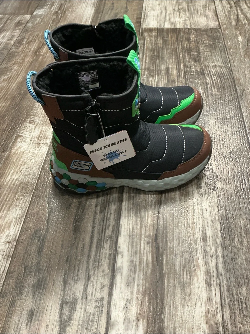 Skechers Kids Black, Green & Brown Hex-Accent Rain/Winter Boots Size 1